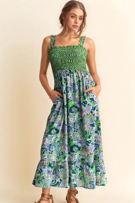 Davi & Dani Multi Smocked Bodice Geo Ruffle Strappy Midi Dress